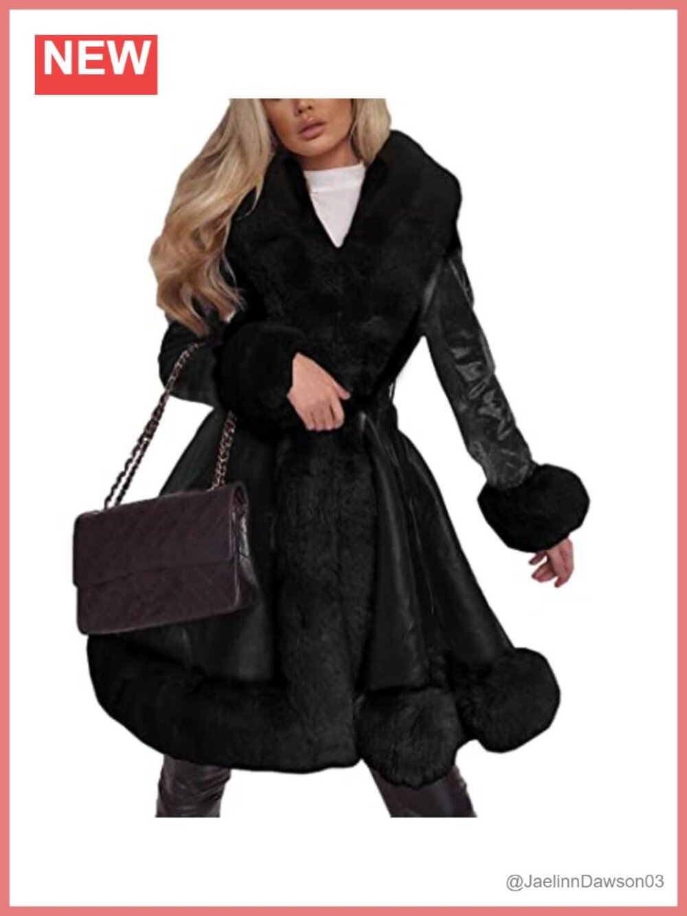 Faux Leather Parka Coat Fur Collar Belted Winter Jacket